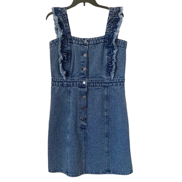 𝅺REVEL Denim Frayed Hem Overall Dress Size Large NEW - Picture 3 of 9